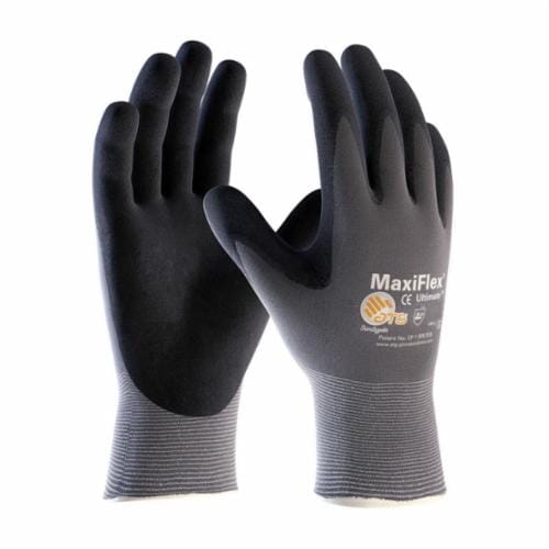 ATG® MaxiFlex® Ultimate™ 34-874/L General Purpose Gloves, Coated, L, Microfoam Nitrile Palm, 15 ga Nylon, Black/Gray, Continuous Knit Wrist Cuff, Microfoam Nitrile Coating, Resists: Abrasion, Cut, Puncture and Tear, Nylon/Lycra® Lining, Seamless Knit